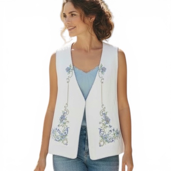 House of Martha Jackets & Blazers - Vintage Floral Cross Stitch Embroidered Wht Linen Vest  Handmade Upcycled  Sz S